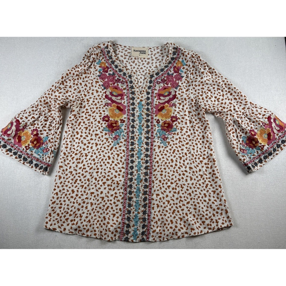 Savanna Jane Leopard Print Floral Multicolor Embroidered Top Women's M